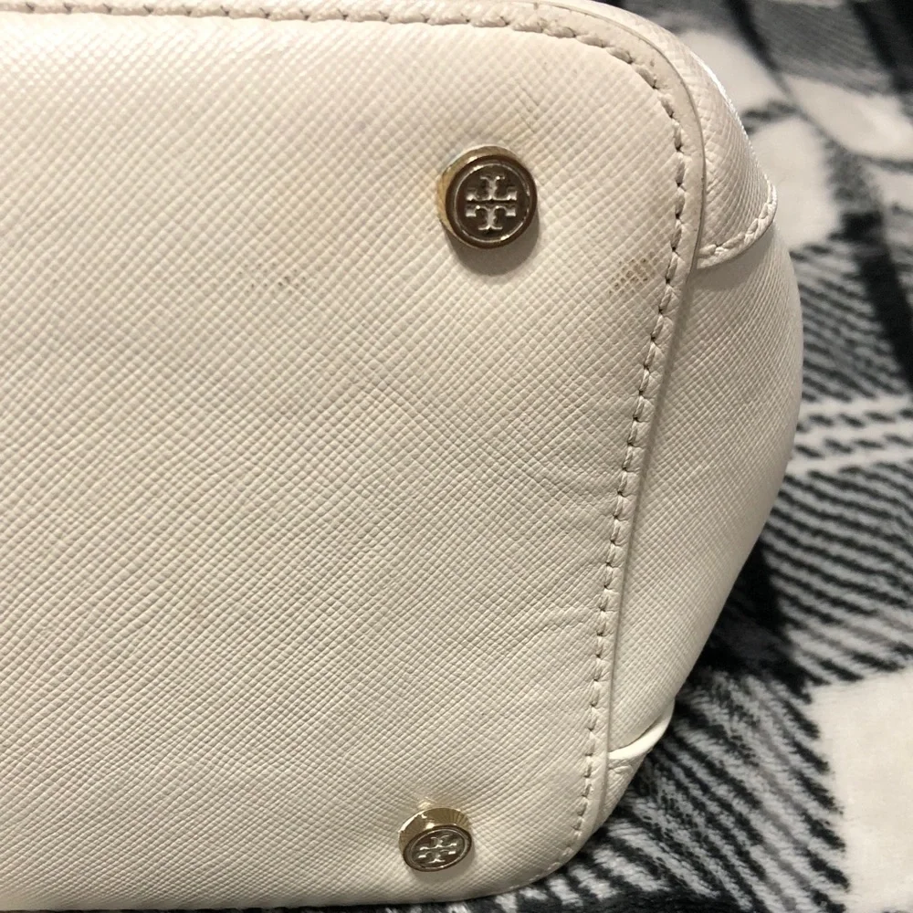 Tory Burch White Perforated Leather Tote with Gold Logo